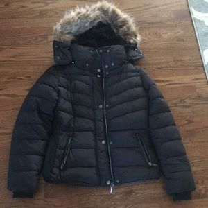 Black winter coat with faux fur hood